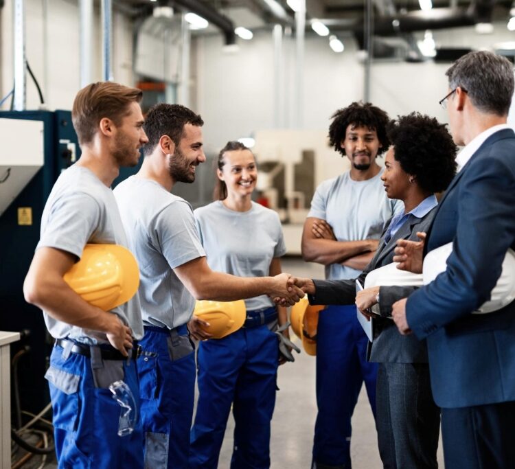 company-managers-visiting-their-employees-factory-happy-african-american-businesswoman-is-shaking-hands-with-one-worker